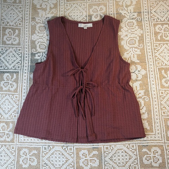 LOFT Tops - LOFT Womens Plum Burgundy Textured Tie Front Peplum Sleeveless Top Size M
